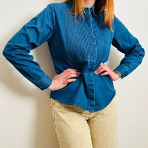 Vintage Talbots Indigo Blue Denim Cotton Western Long Sleeve Button Down Shirt